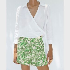 Zara Women‎ Medium Linen Blend Green Leaf Side Zip High-Rise Shorts Pockets